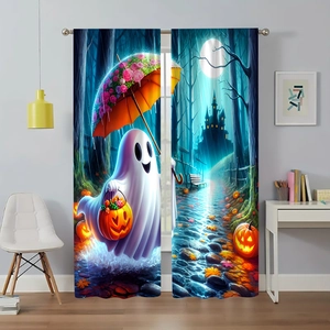 Detail of Halloween curtains featuring cartoon ghosts, pumpkins and castles in a bedroom