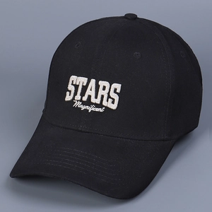 Detail of white 3D embroidery showing STARS and Magnificent text on a black cotton cap