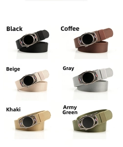 Detailed grid view showing six colors of durable nylon woven belts for men