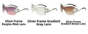 Detail of rimless oversized sunglasses featuring snake hinge and gradient lenses
