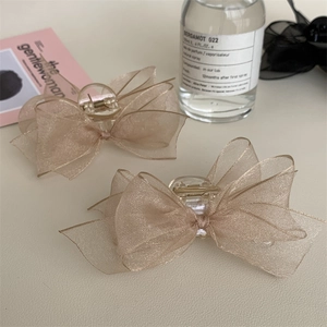 Champagne organza mesh bow hair clips with elegant French minimalist aesthetic and texture