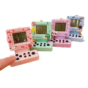 Mini retro handheld game console keychain in pink, green, purple, and blue colors