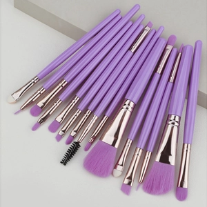 15pcs lavender makeup brush set with purple synthetic bristles and silver ferrule