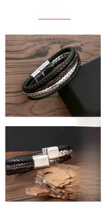 Detail of multi-layer braided leather bracelet with stainless steel magnetic clasp