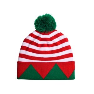 Winter Christmas knit hat with red and white stripes and a large green pom-pom top