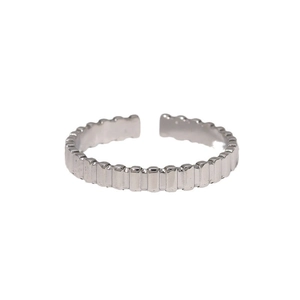 Polished silver adjustable open ring with minimalist vertical grooved texture design