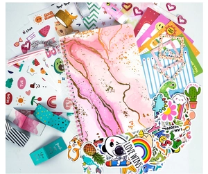 Flat lay of pink marble notebook with matching cartoon stickers and washi tapes