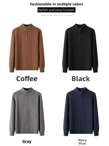 Collage of knit jackets in coffee, black, grey and navy blue showing high-quality texture