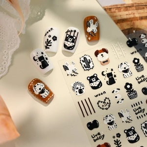 3D embossed nail stickers featuring cute cartoon animals and cactus designs for DIY manicure