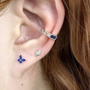 925 Sterling Silver butterfly stud earrings and chain ear cuff with blue crystals