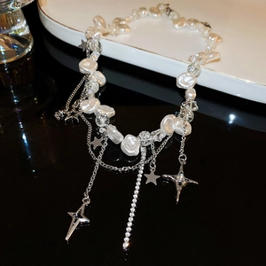 Collier Multirang Künstliche Perle Baroque Pendentif Étoile Pour Femme Alliage Strass Chaîne Clavicule Bijoux Minimalistes