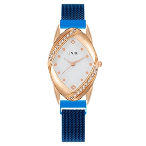 Elegant rose gold oval watch with sparkling diamonds and navy blue mesh strap