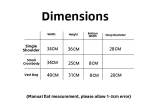 Size chart showing dimensions for printed canvas shoulder bag, crossbody and vest bag