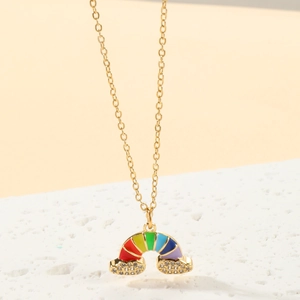 Gold plated rainbow necklace with colorful enamel and micro-paved zircon cloud charms
