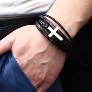 Men Multi Layer Braided Leather Bracelet With Stainless Steel Cross And Magnetic Clasp Fashion Jewelry