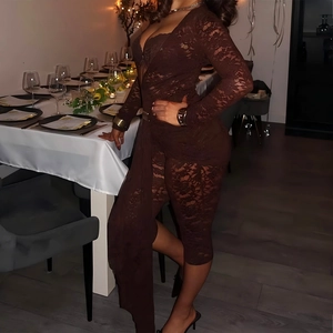Detailed view of brown lace bodysuit with deep V-neckline and high side slit