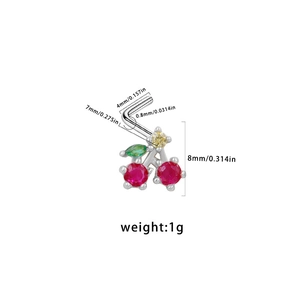 Detailed dimensions of cherry nose stud with red and green crystals and L-shape bar