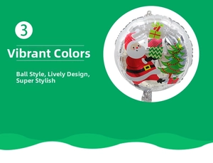 Detail of round Christmas foil balloon featuring Santa Claus and tree patterns