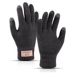 Detailed view of dark grey knit gloves with touch screen tips and pink fashion logo label