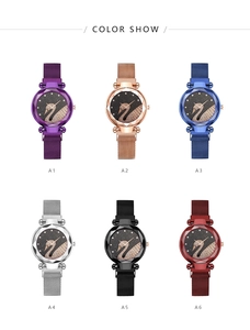 Showcase of six colorful women's quartz watches with sparkling swan dial and Milanese strap
