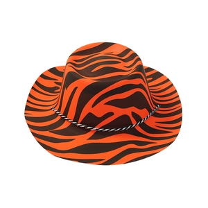 Detail of orange and black zebra print party hat with decorative rope texture