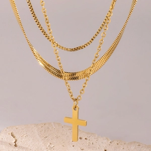 Three-layer 18k gold plated stainless steel necklace featuring a cross pendant and flat snake chain