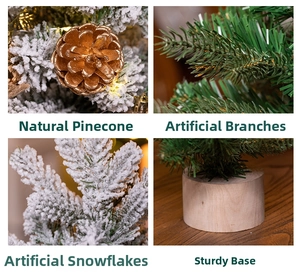 Detail of mini Christmas tree with natural pine cones, faux snow, and a solid wood base