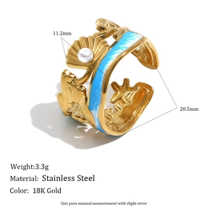 18K gold plated stainless steel open ring with blue enamel starfish and shell charms