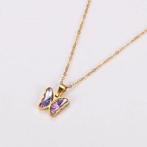 Golden stainless steel chain necklace with sparkling purple crystal butterfly pendant