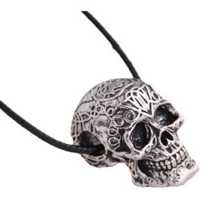 Men's vintage silver skull pendant necklace with embossed details on a black cord strap