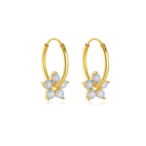Detailed macro of gold S925 silver earrings with blue five-petal opal flower charms