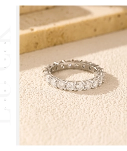 Macro shot of silver S925 eternity band ring with sparkling VVS1 moissanite stones
