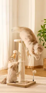 Vertical sisal cat scratching post with hanging feather toy and sturdy wooden base detail