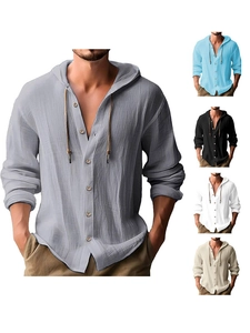 Detail of hooded linen shirt showing button-up closure and breathable textured fabric