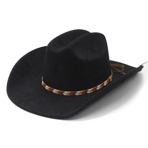 Classic black faux suede western cowboy hat with ethnic beaded band and side strings