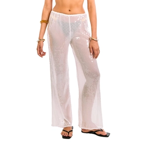 Pantalon large blanc à paillettes pour femme en maille semi-transparente élégante