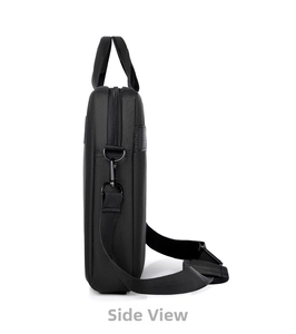 Slim side profile of black business laptop bag with durable metal hooks and dual handles