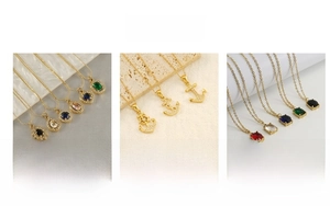 Detailed close-up of stainless steel necklaces with colorful zircon heart and anchor pendants