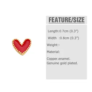 Detailed size chart showing 0.7cm red enamel heart stud earrings in 18K gold plating