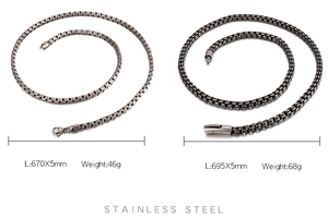 Detail showing two stainless steel box chains with dimensions 670x5mm and 695x5mm specs