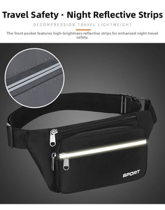 Detail view of the high-visibility reflective strip on black waterproof sports waist bag