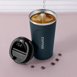 Navy blue coffee mug with smart LED temperature display lid and 304 stainless steel lining