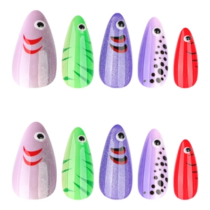 3D colorful dopamine press-on nails with fish eyes design on five different vibrant patterns