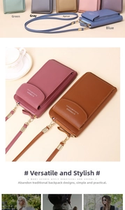 Detailed view of multi-color vertical PU leather mobile phone crossbody bags with snap closure