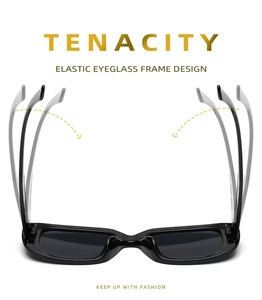 Detail showing elastic flexible temples of rectangular sunglasses for durability