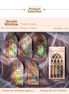 Detailed view of ornate stained glass PET stickers with gold foil and glitter finish