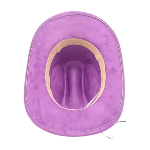 Detail view of purple felt cowboy hat interior with sweatband and stitched brim