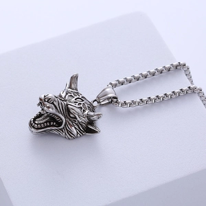 Retro antique silver wolf head pendant necklace with vintage details on a solid pearl chain