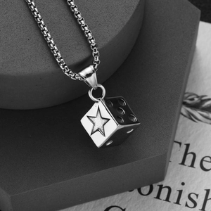 Men's pentagram dice pendant necklace with stainless steel box chain in a stylish design
