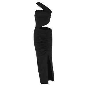 Robe dos nu noire moulante avec découpe, fronces latérales et fente haute au bas